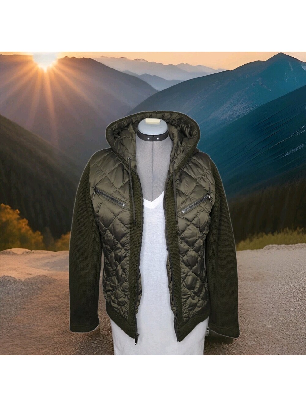 Eddie Bauer Hybrid Down Sweater Jacket Womens Medium Swiss Model Quilted Hooded